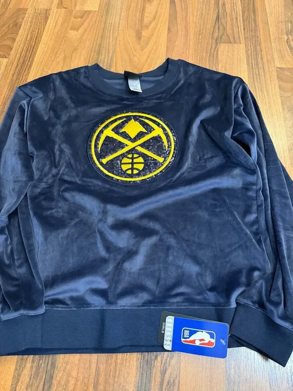 Denver Nuggets Girls Youth Velour Crewneck Sweatshirt with Sequin Logo